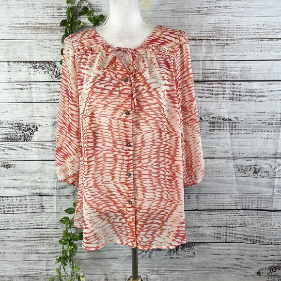 Nine West Blouse size Extra Large Orange Pink Sheer Ruffle Button Front Peasant - Picture 1 of 13